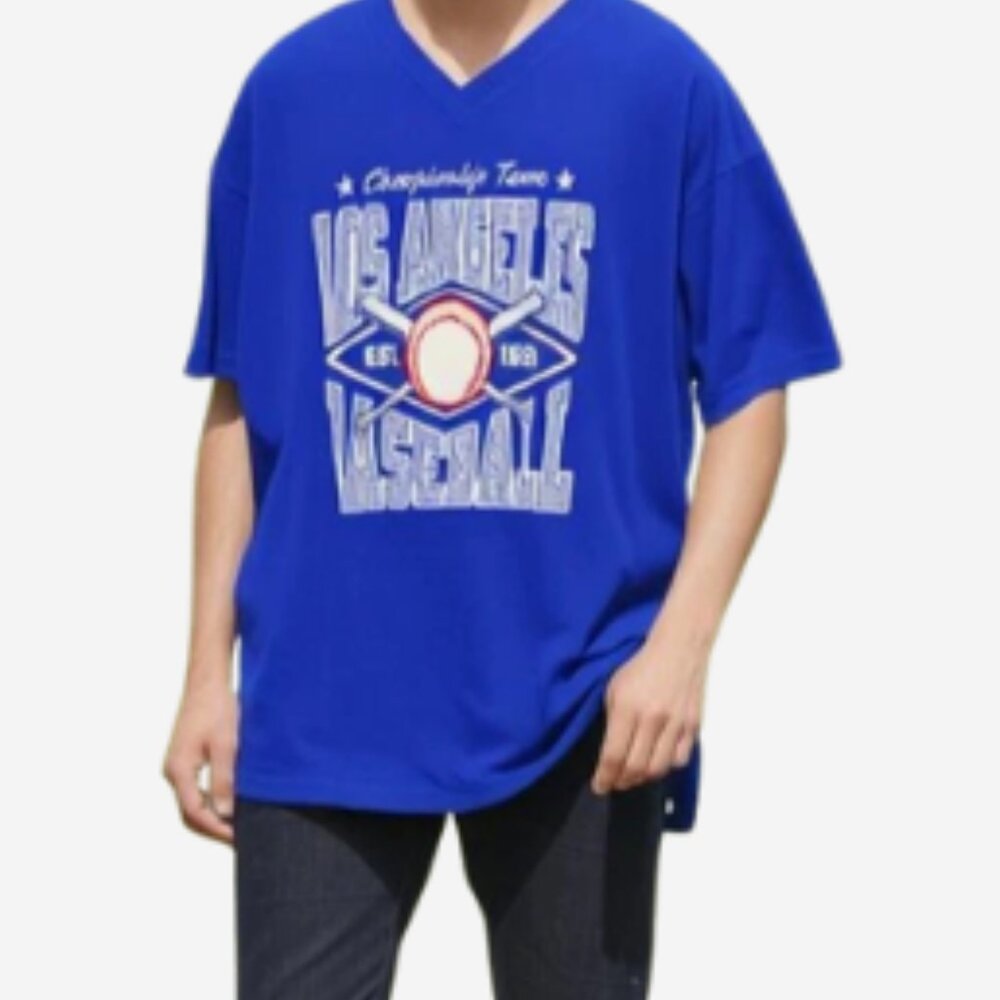 Los Angeles Baseball T-Shirt Men's Size Large V-Neck Blue W/White & Red Imprint